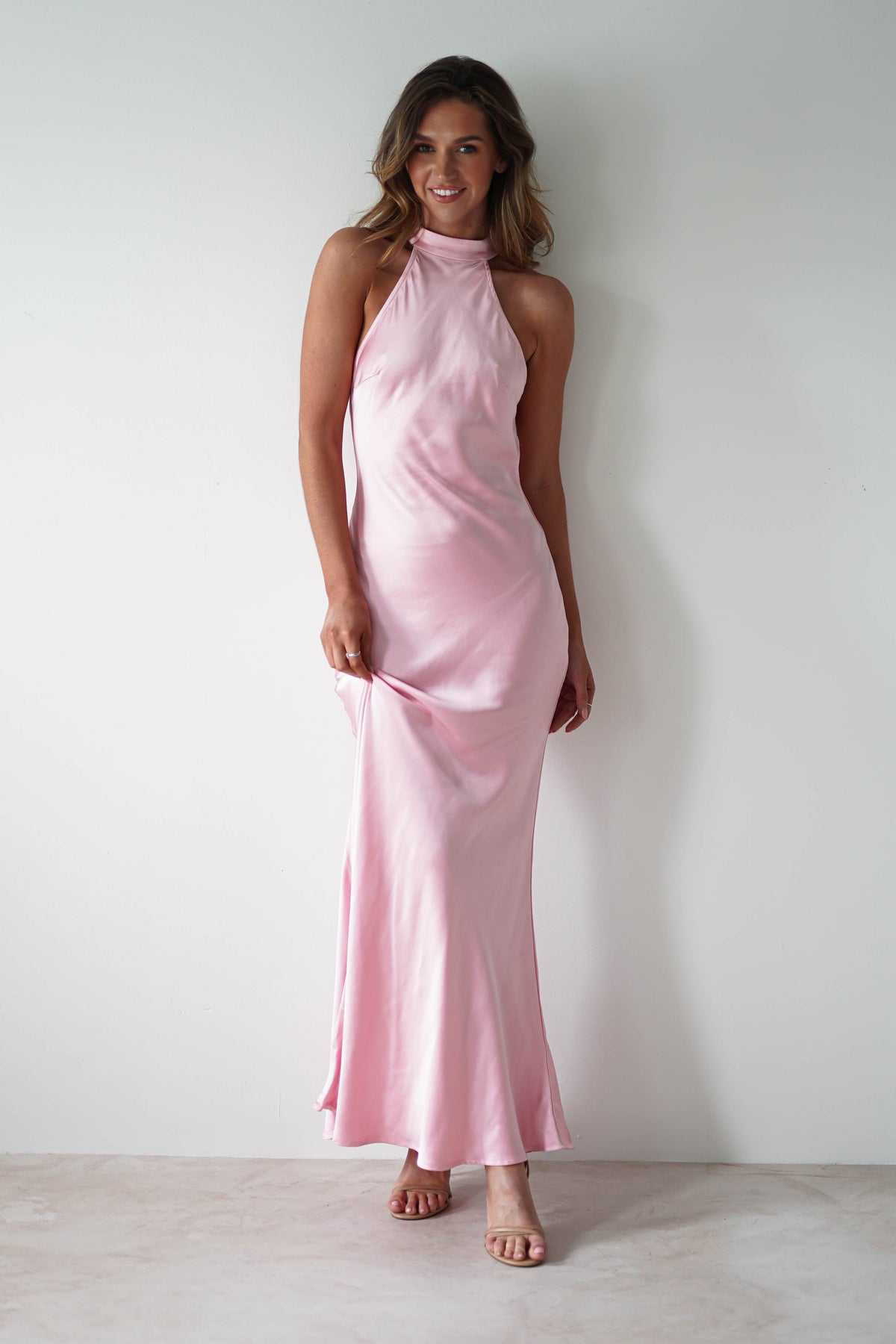 Natalia Yumuşak Saten Maxi Elbise | Pembe