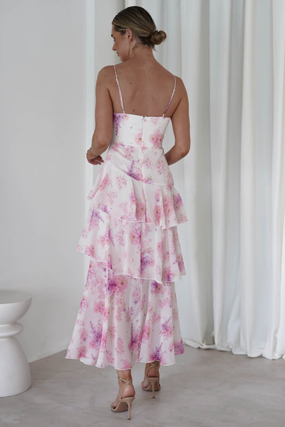 Becca Ruffle Floral Uzun Elbise | Beyaz/Pembe