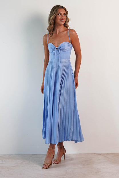 Cooper Pileli Midi Elbise | Mavi