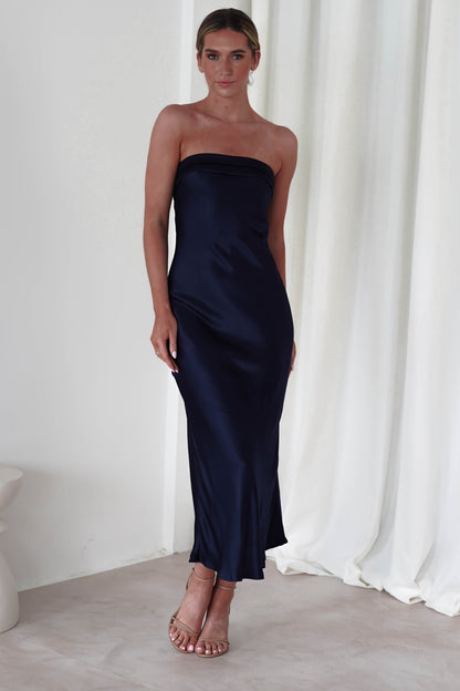 Lucia Yumuşak Saten Slip Midi Elbise | Lacivert