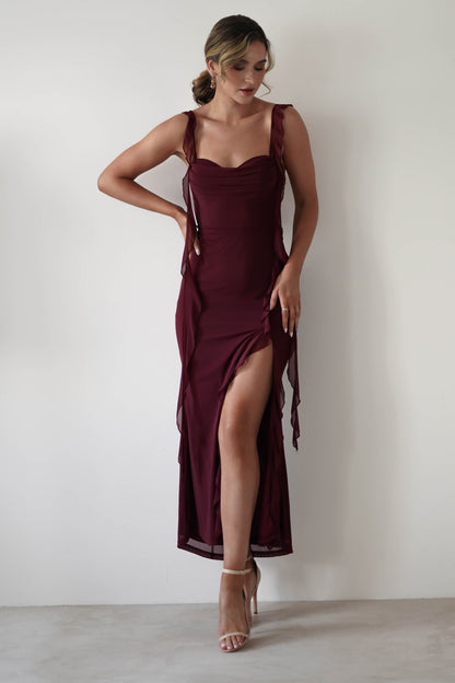 Mhissa Fırfırlı Maxi Elbise | Bordo