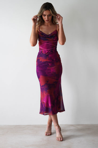Raquel Bodycon Midaxi Elbise | Mor Baskı