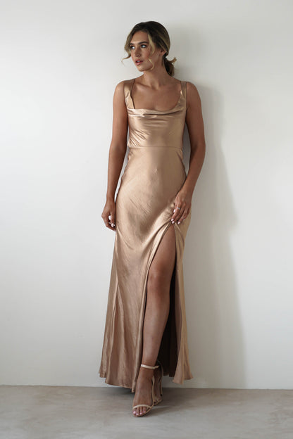 Riviera Yumuşak Saten Maxi Elbise | Altın/Bronz